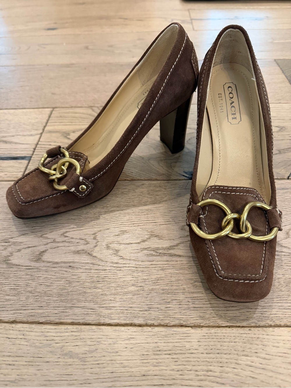 COACH Brown Suede Gold-Chain Block Heel Pumps - Size 6.5
